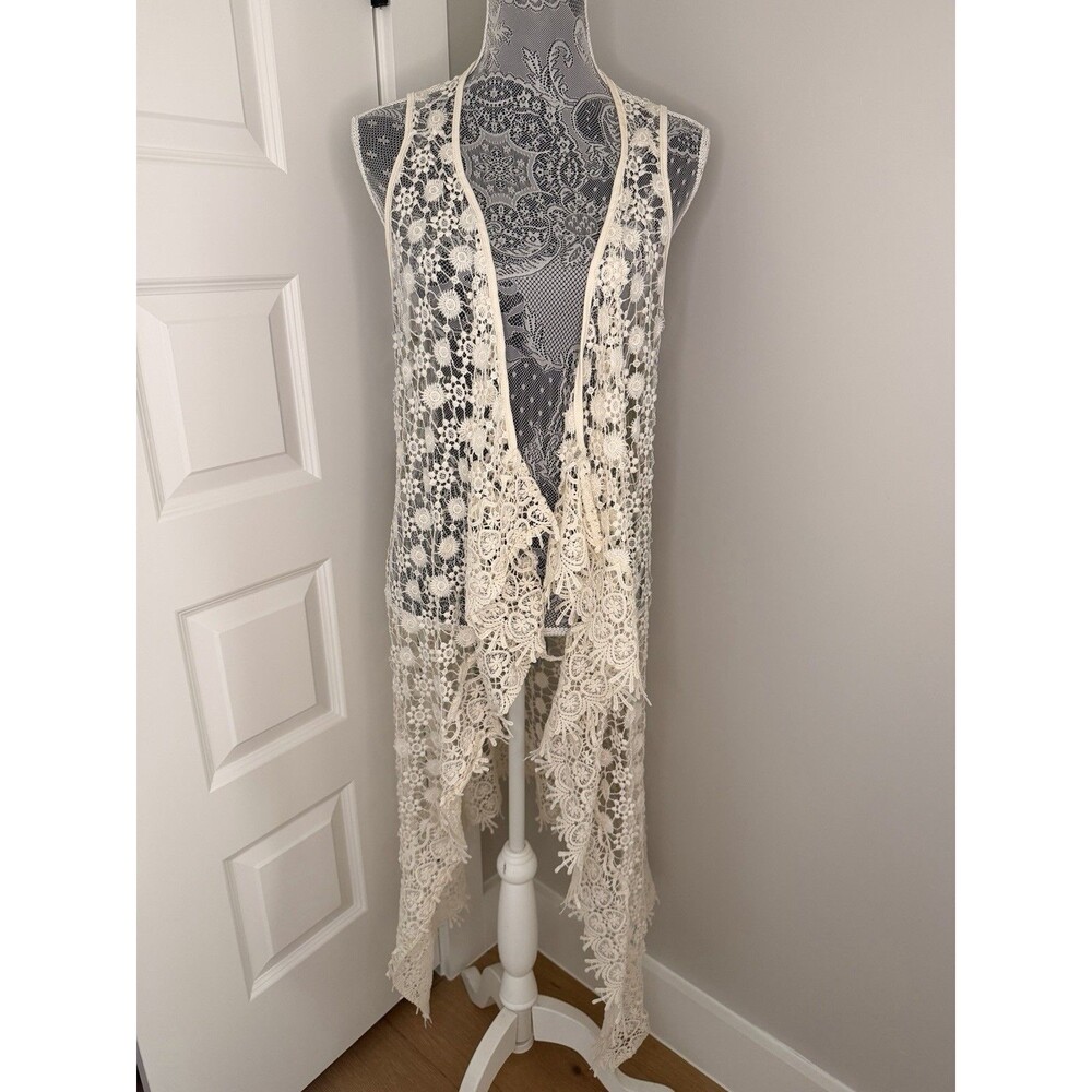Altar’d State Cream Crochet Lace Duster Vest Cardigan Hippie Boho Cream Sz L